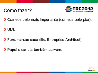 Como fazer?
 Comece pelo mais importante (comece pelo pior);

 UML;

 Ferramentas case (Ex. Entreprise Architect);

 Papel e caneta também servem.




                                    Globalcode – Open4education
 