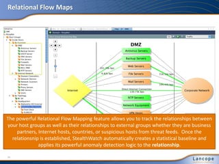 Relational Flow Maps
34
The powerful Relational Flow Mapping feature allows you to track the relationships between
your host groups as well as their relationships to external groups whether they are business
partners, Internet hosts, countries, or suspicious hosts from threat feeds. Once the
relationsnip is established, StealthWatch automatically creates a statistical baseline and
applies its powerful anomaly detection logic to the relationship.
 