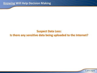 Knowing Will Help Decision Making
Suspect Data Loss:
Is there any sensitive data being uploaded to the Internet?
 