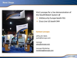 Next Steps
47
Contact Lancope:
Jeffrey M. Wells
jwells@lancope.com
Lancope
sales@lancope.com
Lancope Marketing
marketing@lancope.com
Visit Lancope for a live demonstration of
the StealthWatch System @
 InfoSecurity Europe booth F61
 Cisco Live US booth 944
 