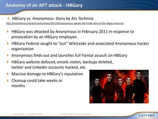 Anatomy of an APT attack - HBGary
 HBGary was attacked by Anonymous in February 2011 in response to
provocation by an HBGary employee.
 HBGary Federal sought to “out” WikiLeaks and associated Anonymous hacker
organization
 Anonymous finds out and launches full frontal assault on HBGary
 HBGary website defaced, emails stolen, backups deleted,
twitter and LinkedIn accounts hacked, etc.
 Massive damage to HBGary’s reputation
 Cleanup could take weeks or
months
5 ©2011 Lancope , Inc. All Rights Reserved. Company Confidential (not for distribution)
 HBGary vs. Anonymous: Story by Ars Technica
http://arstechnica.com/tech-policy/news/2011/02/anonymous-speaks-the-inside-story-of-the-hbgary-hack.ars
 
