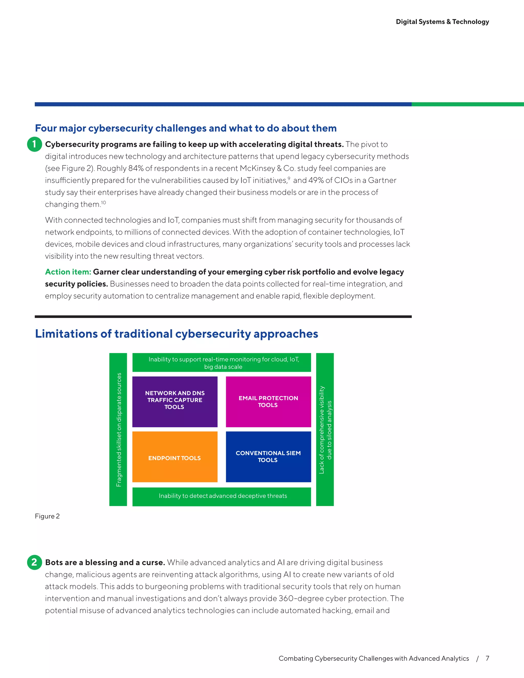 Combating Cybersecurity Challenges with Advanced Analytics  /  7
Four major cybersecurity challenges and what to do about them
Cybersecurity programs are failing to keep up with accelerating digital threats. The pivot to
digital introduces new technology and architecture patterns that upend legacy cybersecurity methods
(see Figure 2). Roughly 84% of respondents in a recent McKinsey & Co. study feel companies are
insufficiently prepared for the vulnerabilities caused by IoT initiatives,9
and 49% of CIOs in a Gartner
study say their enterprises have already changed their business models or are in the process of
changing them.10
With connected technologies and IoT, companies must shift from managing security for thousands of
network endpoints, to millions of connected devices. With the adoption of container technologies, IoT
devices, mobile devices and cloud infrastructures, many organizations’ security tools and processes lack
visibility into the new resulting threat vectors.
Action item: Garner clear understanding of your emerging cyber risk portfolio and evolve legacy
security policies. Businesses need to broaden the data points collected for real-time integration, and
employ security automation to centralize management and enable rapid, flexible deployment.
Bots are a blessing and a curse. While advanced analytics and AI are driving digital business
change, malicious agents are reinventing attack algorithms, using AI to create new variants of old
attack models. This adds to burgeoning problems with traditional security tools that rely on human
intervention and manual investigations and don’t always provide 360-degree cyber protection. The
potential misuse of advanced analytics technologies can include automated hacking, email and
1
2
Limitations of traditional cybersecurity approaches
NETWORK AND DNS
TRAFFIC CAPTURE
TOOLS
EMAIL PROTECTION
TOOLS
ENDPOINT TOOLS
CONVENTIONAL SIEM
TOOLS
Fragmentedskillsetondisparatesources
Lackofcomprehensivevisibility
duetosiloedanalysis
Inability to detectadvanced deceptive threats
Inability to support real-time monitoring for cloud, IoT,
big data scale
Figure 2
Digital Systems & Technology
 