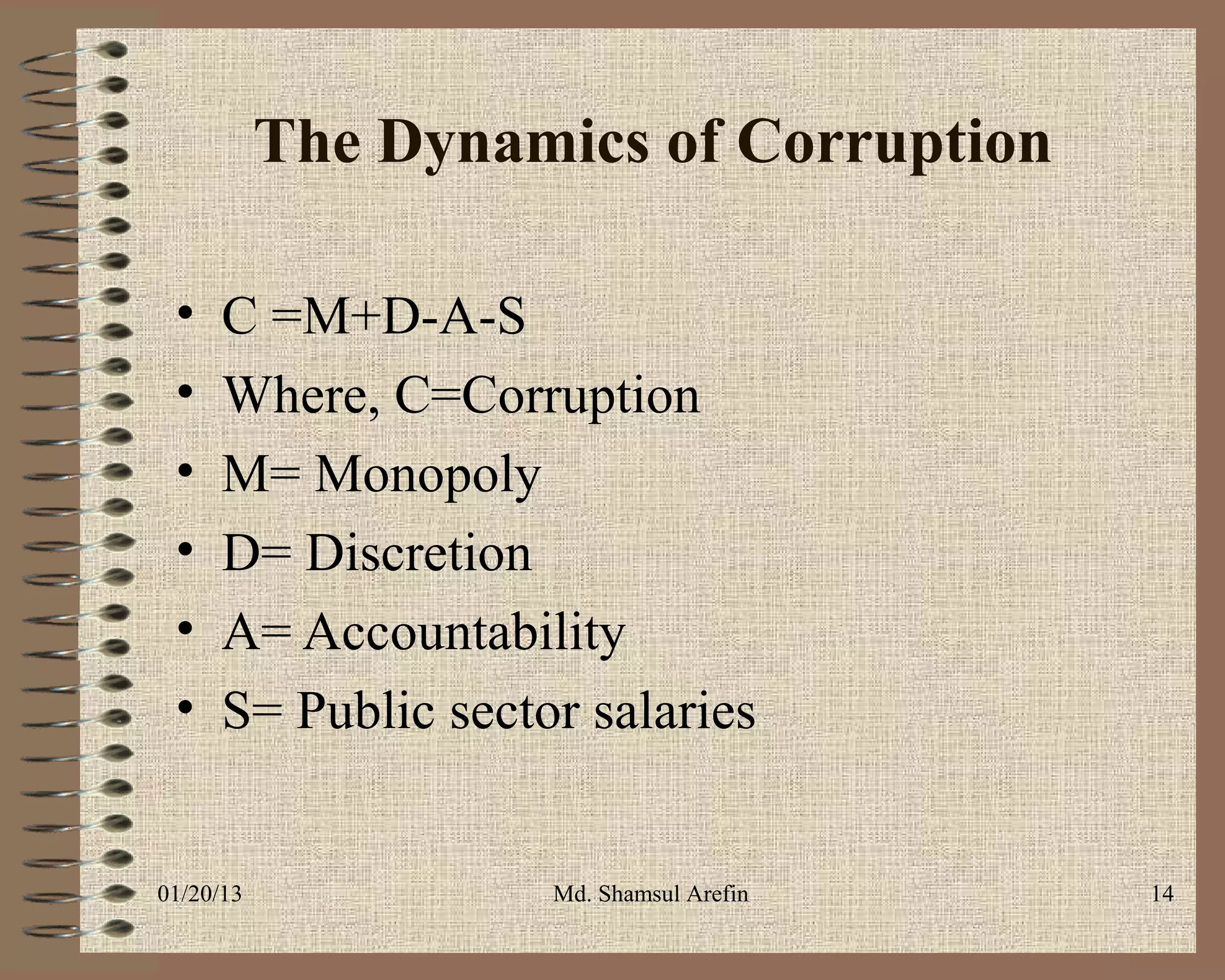 The Dynamics of Corruption

 •    C =M+D-A-S
 •    Where, C=Corruption
 •    M= Monopoly
 •    D= Discretion
 •    A= Accountability
 •    S= Public sector salaries


01/20/13             Md. Shamsul Arefin   14
 