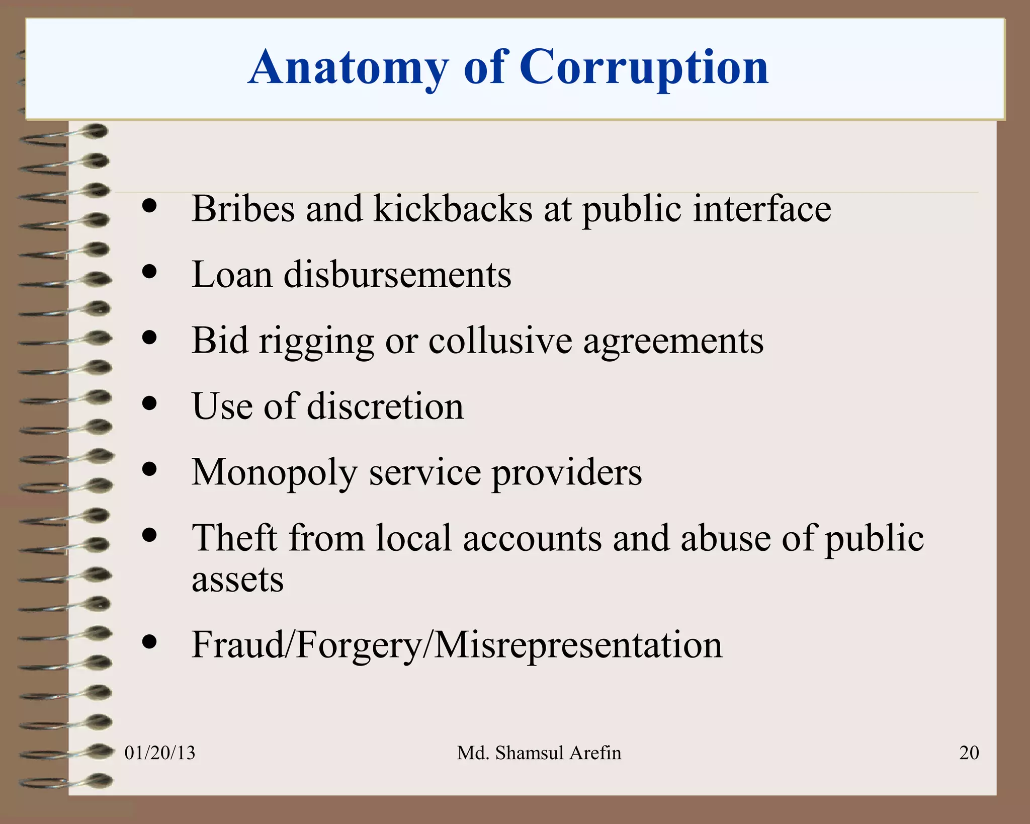 Anatomy of Corruption

 •     Bribes and kickbacks at public interface
 •     Loan disbursements
 •     Bid rigging or collusive agreements
 •     Use of discretion
 •     Monopoly service providers
 •     Theft from local accounts and abuse of public
       assets
 •     Fraud/Forgery/Misrepresentation

01/20/13               Md. Shamsul Arefin              20
 