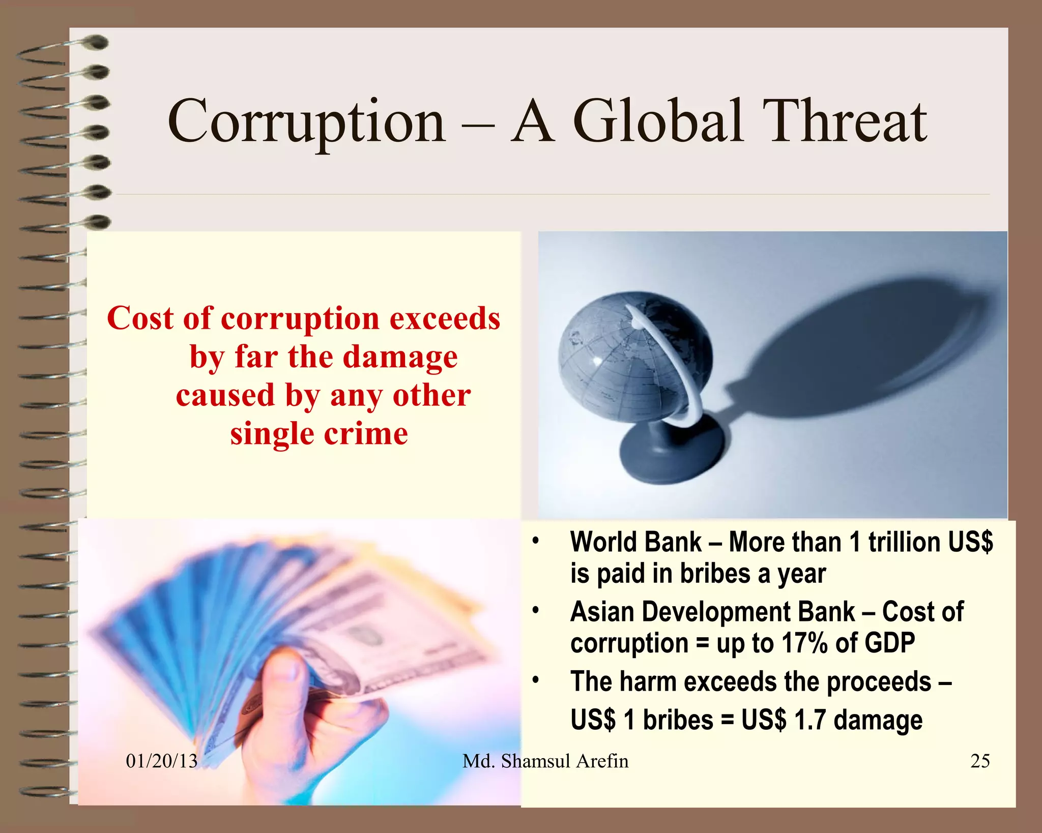 Corruption – A Global Threat

Cost of corruption exceeds
     by far the damage
    caused by any other
         single crime


                              •   World Bank – More than 1 trillion US$
                                  is paid in bribes a year
                              •   Asian Development Bank – Cost of
                                  corruption = up to 17% of GDP
                              •   The harm exceeds the proceeds –
                                  US$ 1 bribes = US$ 1.7 damage
 01/20/13              Md. Shamsul Arefin                           25
 