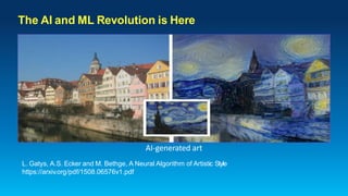AI-generated art
L. Gatys, A.S. Ecker and M. Bethge, A Neural Algorithm of Artistic Style
https://arxiv.org/pdf/1508.06576v1.pdf
The AI and ML Revolution is Here
 