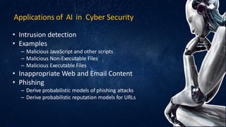 Applications of AI in Cyber Security
• Intrusion detection
• Examples
– Malicious JavaScript and other scripts
– Malicious Non-Executable Files
– Malicious Executable Files
• Inappropriate Web and Email Content
• Phishing
– Derive probabilistic models of phishing attacks
– Derive probabilistic reputation models for URLs
 
