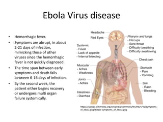 Ebola Virus disease
• Hemorrhagic fever.
• Symptoms are abrupt, in about
2-21 days of infection,
mimicking those of other
viruses since the hemorrhagic
fever is not quickly diagnosed.
• The time span between early
symptoms and death falls
between 6-16 days of infection.
• By the second week, the
patient either begins recovery
or undergoes multi organ
failure systemically.
https://upload.wikimedia.org/wikipedia/commons/thumb/4/4a/Symptoms_
of_ebola.png/800px-Symptoms_of_ebola.png
 