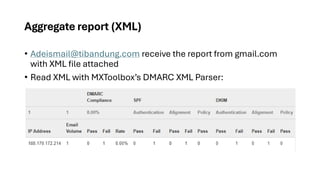 Aggregate report (XML)
• Adeismail@tibandung.com receive the report from gmail.com
with XML file attached
• Read XML with MXToolbox’s DMARC XML Parser:
 