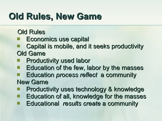 Old Rules, New Game <ul><li>Old Rules </li></ul><ul><ul><li>Economics use capital </li></ul></ul><ul><ul><li>Capital is mo...
