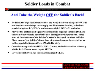 Soldier Loads in Combat
Task Force Devil, CTF82

And Take the Weight OFF the Soldier’s Back!
•

•

•
•

Re-think the logistical practices that the Army has been using since WWII
and consider novel ways to resupply the dismounted Soldier, to include
possible daytime LOGPACs and even multiple LOGPACs each day.
Provide the platoon and squad with small unit logistics vehicles (SULVs)
that can follow closely behind the unit during combat operations. Place
most of the contents of the Soldier’s Assault Rucksack on these vehicles.
Place some of the Soldier’s basic load of ammunition on these vehicles as
well as specialty items (AT-4s, SMAW-Ds, etc.).
Consider using available HMMWVs, Gators, and other vehicles currently
within Task Forces as surrogate SULVs.
Develop robotic vehicles to replace manned SULVs.

CENTER FOR ARMY
LESSONS LEARNED

 