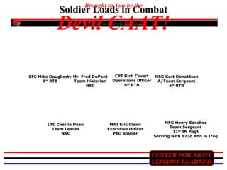 Brought to You by the

Soldier Loads in Combat

Devil CAAT!
Task Force Devil, CTF82

SFC Mike Dougherty Mr. Fred DuPont
Team Historian
6th RTB
NSC

LTC Charlie Dean
Team Leader
NSC

CPT Rich Covert
MSG Kurt Donaldson
Operations Officer
A/Team Sergeant
6th RTB
6th RTB

MAJ Eric Glenn
Executive Officer
PEO Soldier

MSG Henry Sanchez
Team Sergeant
11th IN Regt
Serving with 173d Abn in Iraq

CENTER FOR ARMY
LESSONS LEARNED

 