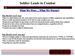 Soldier Loads in Combat
Task Force Devil, CTF82

What We Were …What We Weren’t
The Devil CAAT was:

•There to collect history for the Army that can be used to improve Soldier equipment and capabilities.
•There as fully functional members of TF Devil, ready to help in any way.
•Prepared to participate in operations at all levels and perform the combat duties thus assigned.
•Prepared to take orders and directions from our assigned leaders, regardless of level.
•Prepared to shoulder the load.
•Trained and ready to fight as Infantrymen.

The Devil CAAT was not:

•There to critique, judge, or otherwise discredit the small unit, the Task Force, CTF82, or CJTF180.
•There to tell TF Devil units what should be carried and what should not be carried during operations.
•There to interfere with TF operations.
•Expecting any special treatment.

CENTER FOR ARMY
LESSONS LEARNED

 