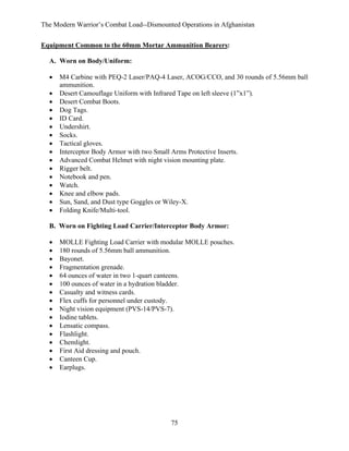 The Modern Warrior’s Combat Load--Dismounted Operations in Afghanistan
Equipment Common to the 60mm Mortar Ammunition Bearers:
A. Worn on Body/Uniform:
•
•
•
•
•
•
•
•
•
•
•
•
•
•
•
•

M4 Carbine with PEQ-2 Laser/PAQ-4 Laser, ACOG/CCO, and 30 rounds of 5.56mm ball
ammunition.
Desert Camouflage Uniform with Infrared Tape on left sleeve (1”x1”).
Desert Combat Boots.
Dog Tags.
ID Card.
Undershirt.
Socks.
Tactical gloves.
Interceptor Body Armor with two Small Arms Protective Inserts.
Advanced Combat Helmet with night vision mounting plate.
Rigger belt.
Notebook and pen.
Watch.
Knee and elbow pads.
Sun, Sand, and Dust type Goggles or Wiley-X.
Folding Knife/Multi-tool.

B. Worn on Fighting Load Carrier/Interceptor Body Armor:
•
•
•
•
•
•
•
•
•
•
•
•
•
•
•
•

MOLLE Fighting Load Carrier with modular MOLLE pouches.
180 rounds of 5.56mm ball ammunition.
Bayonet.
Fragmentation grenade.
64 ounces of water in two 1-quart canteens.
100 ounces of water in a hydration bladder.
Casualty and witness cards.
Flex cuffs for personnel under custody.
Night vision equipment (PVS-14/PVS-7).
Iodine tablets.
Lensatic compass.
Flashlight.
Chemlight.
First Aid dressing and pouch.
Canteen Cup.
Earplugs.

75

 