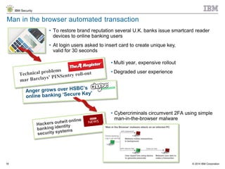 © 2014 IBM Corporation
IBM Security
18
Man in the browser automated transaction
• To restore brand reputation several U.K. banks issue smartcard reader
devices to online banking users
• At login users asked to insert card to create unique key,
valid for 30 seconds
• Multi year, expensive rollout
• Degraded user experience
• Cybercriminals circumvent 2FA using simple
man-in-the-browser malware
 