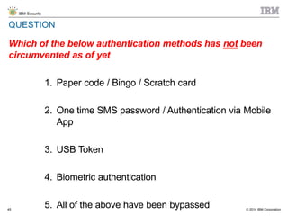 © 2014 IBM Corporation
IBM Security
45
QUESTION
Which of the below authentication methods has not been
circumvented as of yet
1. Paper code / Bingo / Scratch card
2. One time SMS password / Authentication via Mobile
App
3. USB Token
4. Biometric authentication
5. All of the above have been bypassed
 