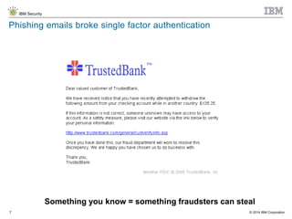 © 2014 IBM Corporation
IBM Security
7
Phishing emails broke single factor authentication
Something you know = something fraudsters can steal
 