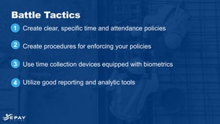 Create clear, specific time and attendance policies
Create procedures for enforcing your policies
Use time collection devices equipped with biometrics
Utilize good reporting and analytic tools
Battle Tactics
1
2
3
4
 