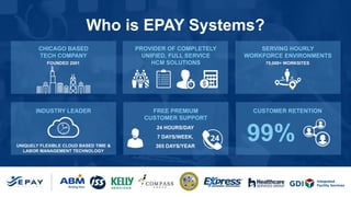 Who is EPAY Systems?
CHICAGO BASED
TECH COMPANY
PROVIDER OF COMPLETELY
UNIFIED, FULL SERVICE
HCM SOLUTIONS
SERVING HOURLY
WORKFORCE ENVIRONMENTS
INDUSTRY LEADER FREE PREMIUM
CUSTOMER SUPPORT
CUSTOMER RETENTION
FOUNDED 2001
UNIQUELY FLEXIBLE CLOUD BASED TIME &
LABOR MANAGEMENT TECHNOLOGY
24 HOURS/DAY
7 DAYS/WEEK,
365 DAYS/YEAR
75,000+ WORKSITES
99%
 