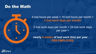 4 lost hours per week = 16 lost hours per month =
2 lost work days per month!
2 lost work days per month = 24 lost work days
per year =
nearly 5 weeks of lost work time per year . . .
PER EMPLOYEE
Do the Math
 