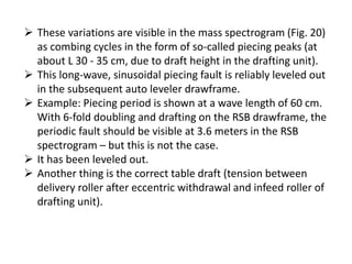  These variations are visible in the mass spectrogram (Fig. 20)
as combing cycles in the form of so-called piecing peaks (at
about L 30 - 35 cm, due to draft height in the drafting unit).
 This long-wave, sinusoidal piecing fault is reliably leveled out
in the subsequent auto leveler drawframe.
 Example: Piecing period is shown at a wave length of 60 cm.
With 6-fold doubling and drafting on the RSB drawframe, the
periodic fault should be visible at 3.6 meters in the RSB
spectrogram – but this is not the case.
 It has been leveled out.
 Another thing is the correct table draft (tension between
delivery roller after eccentric withdrawal and infeed roller of
drafting unit).
 