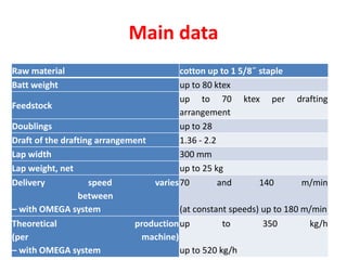 Main data
Raw material cotton up to 1 5/8˝ staple
Batt weight up to 80 ktex
Feedstock
up to 70 ktex per drafting
arrangement
Doublings up to 28
Draft of the drafting arrangement 1.36 - 2.2
Lap width 300 mm
Lap weight, net up to 25 kg
Delivery speed varies
between
– with OMEGA system
70 and 140 m/min
(at constant speeds) up to 180 m/min
Theoretical production
(per machine)
– with OMEGA system
up to 350 kg/h
up to 520 kg/h
 