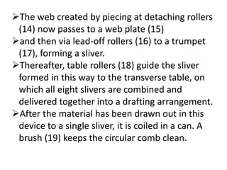 The web created by piecing at detaching rollers
(14) now passes to a web plate (15)
and then via lead-off rollers (16) to a trumpet
(17), forming a sliver.
Thereafter, table rollers (18) guide the sliver
formed in this way to the transverse table, on
which all eight slivers are combined and
delivered together into a drafting arrangement.
After the material has been drawn out in this
device to a single sliver, it is coiled in a can. A
brush (19) keeps the circular comb clean.
 
