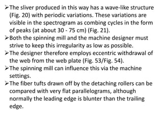 The sliver produced in this way has a wave-like structure
(Fig. 20) with periodic variations. These variations are
visible in the spectrogram as combing cycles in the form
of peaks (at about 30 - 75 cm) (Fig. 21).
Both the spinning mill and the machine designer must
strive to keep this irregularity as low as possible.
The designer therefore employs eccentric withdrawal of
the web from the web plate (Fig. 53/Fig. 54).
The spinning mill can influence this via the machine
settings.
The fiber tufts drawn off by the detaching rollers can be
compared with very flat parallelograms, although
normally the leading edge is blunter than the trailing
edge.
 