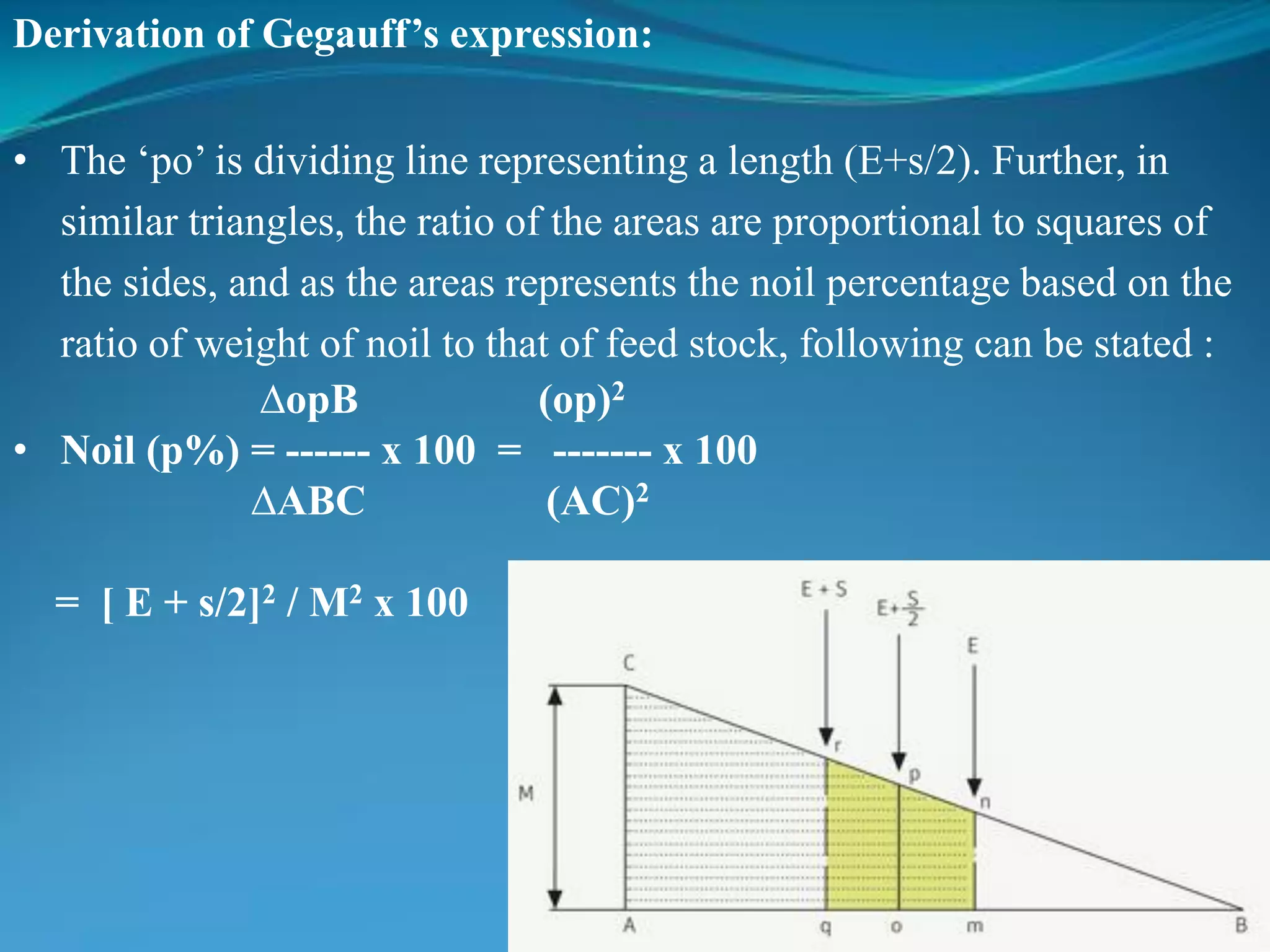 Derivation of Gegauff’s expression:
• The ‘po’ is dividing line representing a length (E+s/2). Further, in
similar triangles, the ratio of the areas are proportional to squares of
the sides, and as the areas represents the noil percentage based on the
ratio of weight of noil to that of feed stock, following can be stated :
∆opB (op)2
• Noil (p%) = ------ x 100 = ------- x 100
∆ABC (AC)2
= [ E + s/2]2 / M2 x 100
 