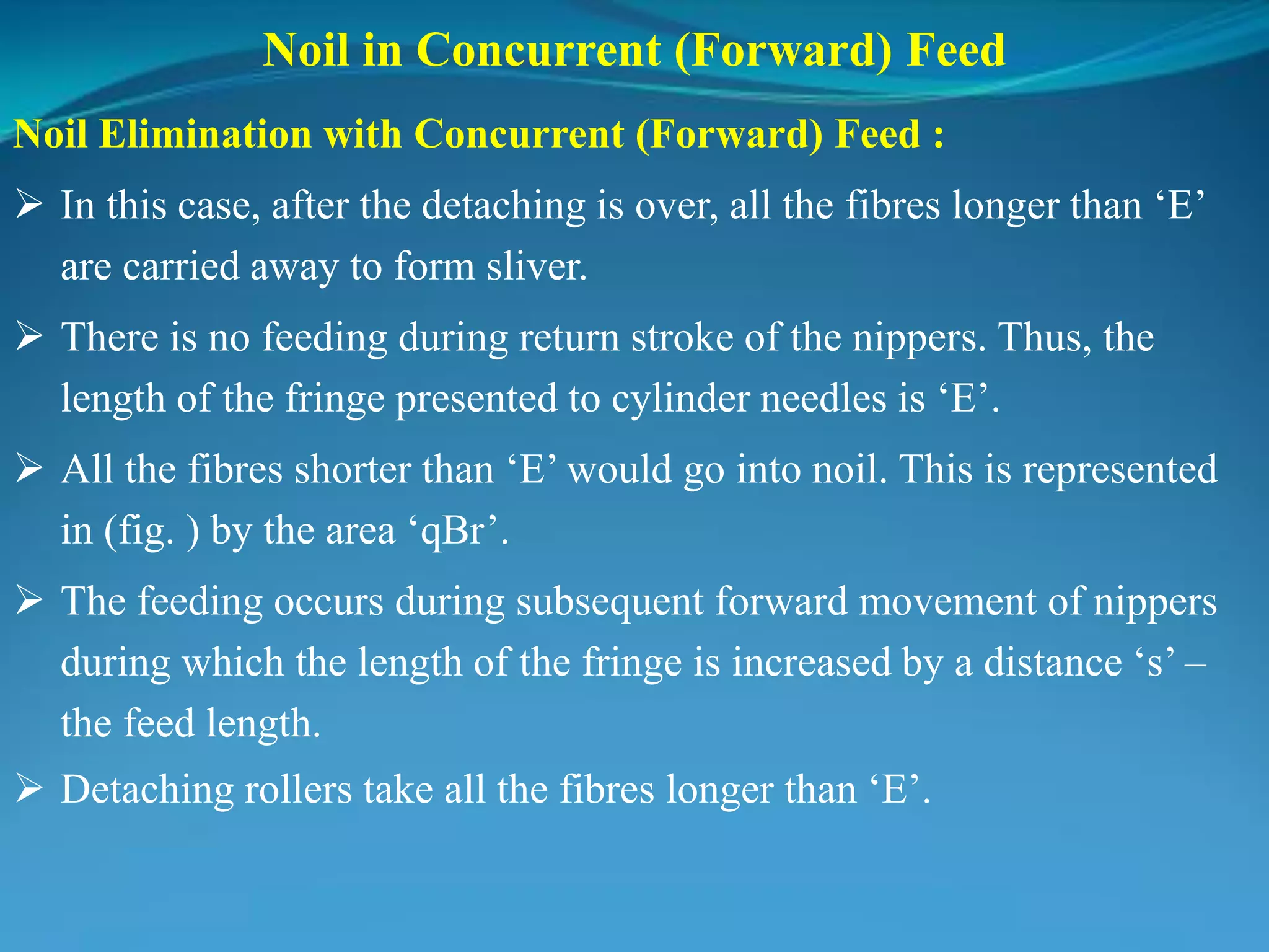 Noil in Concurrent (Forward) Feed
Noil Elimination with Concurrent (Forward) Feed :
 In this case, after the detaching is over, all the fibres longer than ‘E’
are carried away to form sliver.
 There is no feeding during return stroke of the nippers. Thus, the
length of the fringe presented to cylinder needles is ‘E’.
 All the fibres shorter than ‘E’ would go into noil. This is represented
in (fig. ) by the area ‘qBr’.
 The feeding occurs during subsequent forward movement of nippers
during which the length of the fringe is increased by a distance ‘s’ –
the feed length.
 Detaching rollers take all the fibres longer than ‘E’.
 