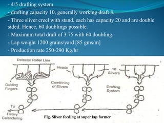 - 4/5 drafting system
- drafting capacity 10, generally working draft 8.
- Three sliver creel with stand, each has capacity 20 and are double
sided. Hence, 60 doublings possible.
- Maximum total draft of 3.75 with 60 doubling.
- Lap weight 1200 grains/yard [85 gms/m]
- Production rate 250-290 Kg/hr
Fig. Sliver feeding at super lap former
 