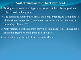 Noil elimination with backward feed
 During detachment, the nippers are located at their closest position
relative to detaching rollers.
 The detaching roller draws-off all the fibres extended to its nip line i.e.
all the fibres longer than (detachment setting + half the diameter of
detaching roller = ‘E’).
 With reference to the diagram shown on next page (fig.), this length is
entered in Bear Sorter diagram as a line ‘m n’
 All the fibres to the left of mn pass into sliver.
 