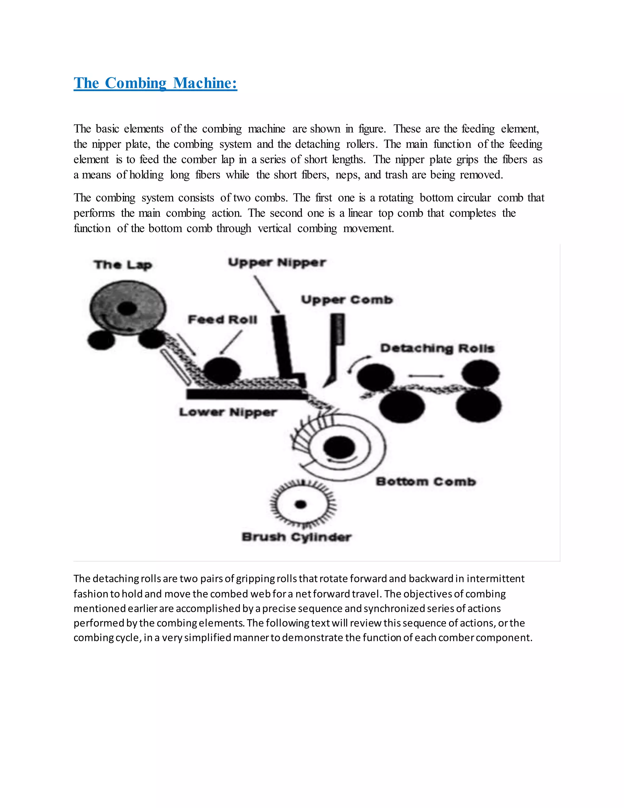 The Combing Machine:
The basic elements of the combing machine are shown in figure. These are the feeding element,
the nipper plate, the combing system and the detaching rollers. The main function of the feeding
element is to feed the comber lap in a series of short lengths. The nipper plate grips the fibers as
a means of holding long fibers while the short fibers, neps, and trash are being removed.
The combing system consists of two combs. The first one is a rotating bottom circular comb that
performs the main combing action. The second one is a linear top comb that completes the
function of the bottom comb through vertical combing movement.
The detachingrollsare two pairsof grippingrollsthatrotate forwardand backwardin intermittent
fashiontoholdand move the combed webfora netforwardtravel. The objectivesof combing
mentionedearlierare accomplishedbyaprecise sequence andsynchronizedseriesof actions
performedbythe combingelements.The followingtextwill review thissequence of actions,orthe
combingcycle,ina verysimplifiedmannertodemonstrate the functionof eachcombercomponent.
 