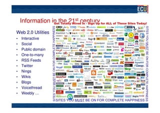 Information in the 21st century
Web 2.0 Utilities
•   Interactive
•   Social
•   Public domain
•   One-to-many
•   RSS Feeds
•   Twitter
•   Nings
•   Wikis
•   Blogs
•   Voicethread
•   Weebly …
 