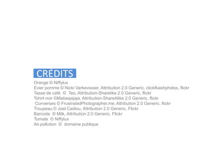 Orange © Niffylux
Evier pomme © Nicki Varkevissier, Attribution 2.0 Generic, clickfkashphotos, flickr
Tasse de café © Teo, Attribution-Sharelike 2.0 Generic, flickr
Tshirt noir ©Matiasjajaja, Attribution-ShareAlike 2.0 Generic, flickr
Converses © FrustratedPhotographer.me, Attribution 2.0 Generic, flickr
Troupeau © Joel Cadiou, Attribution 2.0 Generic, Flickr
Barcode © Milk, Attribution 2.0 Generic, Flickr
Tomate © Niffylux
Air.pollution © domaine publique
CRÉDITS
 