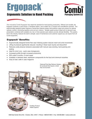 Ergopack
®
Ergonomic Solution to Hand Packing
The innovative Combi Ergopack®
has raised the standard for hand packing productivity. Efficient and durable, the
Ergopack combines a case erector, a handpack station, and a sealer into a compact and cost-effective workcell. This
ergonomically designed system features a hands-free indexing system that positions cases and product for optimal
operator comfort, minimizing repetitive wrist and arm motions. Variable speed product infeed and on-demand case
presentation combined with available one, two or three operator pack stations provide ultimate flexibility. This system,
first in the industry, features the built-in strength, ease of maintenance and customer support you can expect from all
Combi equipment.
Ergopack®
Benefits:
Ergonomically designed hands free case indexing system reduces reach and wrist movements
Lifting of products significantly reduced, resulting in fewer back injuries and discomfort
Reduces costly physical stressors associated with manual case erecting, hand packing and
sealing
Ideal for short runs - quick case changeovers
Increased profits through increased productivity
ROI under 6 months, in most cases
Available in stainless steel, washdown components for the food and chemical industries
Easy to load, walk-in case magazine
5365 East Center Drive N.E. l Canton, Ohio 44721 l Phone: 1-800-521-9072 l Fax: 330-456-4644 l www.combi.com
Optional Poly Bag Delivery System
for products that require a dust-
free environment
Endless Product
Infeed Options
 