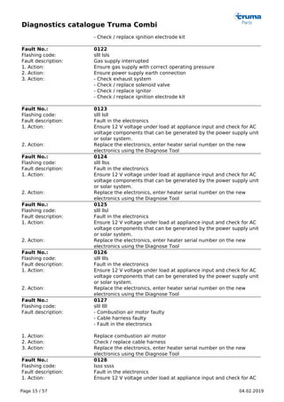 Diagnostics catalogue Truma Combi
Page 15 / 57 04.02.2019
- Check / replace ignition electrode kit
Fault No.: 0122
Flashing code: slll lsls
Fault description: Gas supply interrupted
1. Action: Ensure gas supply with correct operating pressure
2. Action: Ensure power supply earth connection
3. Action: - Check exhaust system
- Check / replace solenoid valve
- Check / replace ignitor
- Check / replace ignition electrode kit
Fault No.: 0123
Flashing code: slll lsll
Fault description: Fault in the electronics
1. Action: Ensure 12 V voltage under load at appliance input and check for AC
voltage components that can be generated by the power supply unit
or solar system.
2. Action: Replace the electronics, enter heater serial number on the new
electronics using the Diagnose Tool
Fault No.: 0124
Flashing code: slll llss
Fault description: Fault in the electronics
1. Action: Ensure 12 V voltage under load at appliance input and check for AC
voltage components that can be generated by the power supply unit
or solar system.
2. Action: Replace the electronics, enter heater serial number on the new
electronics using the Diagnose Tool
Fault No.: 0125
Flashing code: slll llsl
Fault description: Fault in the electronics
1. Action: Ensure 12 V voltage under load at appliance input and check for AC
voltage components that can be generated by the power supply unit
or solar system.
2. Action: Replace the electronics, enter heater serial number on the new
electronics using the Diagnose Tool
Fault No.: 0126
Flashing code: slll llls
Fault description: Fault in the electronics
1. Action: Ensure 12 V voltage under load at appliance input and check for AC
voltage components that can be generated by the power supply unit
or solar system.
2. Action: Replace the electronics, enter heater serial number on the new
electronics using the Diagnose Tool
Fault No.: 0127
Flashing code: slll llll
Fault description: - Combustion air motor faulty
- Cable harness faulty
- Fault in the electronics
1. Action: Replace combustion air motor
2. Action: Check / replace cable harness
3. Action: Replace the electronics, enter heater serial number on the new
electronics using the Diagnose Tool
Fault No.: 0128
Flashing code: lsss ssss
Fault description: Fault in the electronics
1. Action: Ensure 12 V voltage under load at appliance input and check for AC
 