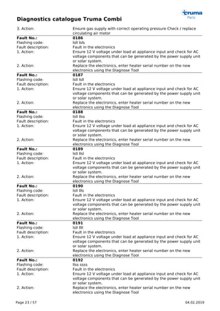 Diagnostics catalogue Truma Combi
Page 23 / 57 04.02.2019
3. Action: Ensure gas supply with correct operating pressure Check / replace
circulating air motor
Fault No.: 0186
Flashing code: lsll lsls
Fault description: Fault in the electronics
1. Action: Ensure 12 V voltage under load at appliance input and check for AC
voltage components that can be generated by the power supply unit
or solar system.
2. Action: Replace the electronics, enter heater serial number on the new
electronics using the Diagnose Tool
Fault No.: 0187
Flashing code: lsll lsll
Fault description: Fault in the electronics
1. Action: Ensure 12 V voltage under load at appliance input and check for AC
voltage components that can be generated by the power supply unit
or solar system.
2. Action: Replace the electronics, enter heater serial number on the new
electronics using the Diagnose Tool
Fault No.: 0188
Flashing code: lsll llss
Fault description: Fault in the electronics
1. Action: Ensure 12 V voltage under load at appliance input and check for AC
voltage components that can be generated by the power supply unit
or solar system.
2. Action: Replace the electronics, enter heater serial number on the new
electronics using the Diagnose Tool
Fault No.: 0189
Flashing code: lsll llsl
Fault description: Fault in the electronics
1. Action: Ensure 12 V voltage under load at appliance input and check for AC
voltage components that can be generated by the power supply unit
or solar system.
2. Action: Replace the electronics, enter heater serial number on the new
electronics using the Diagnose Tool
Fault No.: 0190
Flashing code: lsll llls
Fault description: Fault in the electronics
1. Action: Ensure 12 V voltage under load at appliance input and check for AC
voltage components that can be generated by the power supply unit
or solar system.
2. Action: Replace the electronics, enter heater serial number on the new
electronics using the Diagnose Tool
Fault No.: 0191
Flashing code: lsll llll
Fault description: Fault in the electronics
1. Action: Ensure 12 V voltage under load at appliance input and check for AC
voltage components that can be generated by the power supply unit
or solar system.
2. Action: Replace the electronics, enter heater serial number on the new
electronics using the Diagnose Tool
Fault No.: 0192
Flashing code: llss ssss
Fault description: Fault in the electronics
1. Action: Ensure 12 V voltage under load at appliance input and check for AC
voltage components that can be generated by the power supply unit
or solar system.
2. Action: Replace the electronics, enter heater serial number on the new
electronics using the Diagnose Tool
 