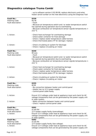 Diagnostics catalogue Truma Combi
Page 30 / 57 04.02.2019
- up to software version V 02.99.99, replace electronics and enter
heater serial number on the new electronics using the Diagnose Tool
Fault No.: 0239
Flashing code: llls llll
Fault description: - Fault:
- Because air temperature switch and / or water temperature switch
has opened during operation due to overheating
- Because combustion air temperature sensor signals temperatures >
215 °C
1. Action: - Check heat exchanger for overheating damage
- Check water container for frost damage
- Check / replace water temperature cable harness
- Check thermostat plate LTF for damage / replace
2. Action: - Check circulating air system for blockage
- Check / replace circulating air motor
Fault No.: 0240
Flashing code: llll ssss
Fault description: - Fault:
- Because air temperature switch and / or water temperature switch
has opened during operation due to overheating
- Because combustion air temperature sensor signals temperatures >
215 °C
1. Action: - Check heat exchanger for overheating damage
- Check water container for frost damage
- Check / replace water temperature cable harness
- Check thermostat plate LTF for damage / replace
2. Action: - Check circulating air system for blockage
- Check / replace circulating air motor
Fault No.: 0255
Flashing code: llll llll
Fault description: - No connection between heater and control panel
- Heater has no 12 V power supply
- Control panel cable faulty
1. Action: Ensure 12 V voltage under load at appliance input and check for AC
voltage components that can be generated by the power supply unit
or solar system.
2. Action: - Make connection between heater and control panel
- Check / replace control panel cable
Fault No.: 0301
Flashing code: sl ssls llsl
Fault description: 12 V power supply faulty (overvoltage)
1. Action: Ensure 12 V voltage under load at appliance input and check for AC
voltage components that can be generated by the power supply unit
or solar system.
Fault No.: 0302
Flashing code: sl ssls llls
Fault description: 12 V power supply faulty (low voltage)
1. Action: Ensure 12 V voltage under load at appliance input and check for AC
voltage components that can be generated by the power supply unit
 