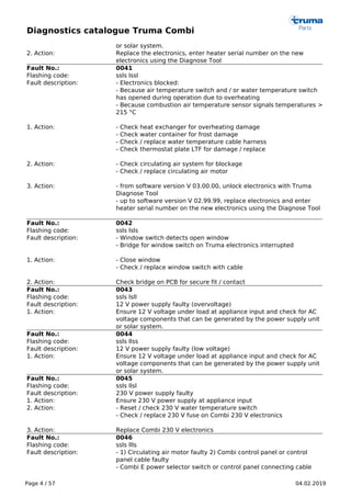 Diagnostics catalogue Truma Combi
Page 4 / 57 04.02.2019
or solar system.
2. Action: Replace the electronics, enter heater serial number on the new
electronics using the Diagnose Tool
Fault No.: 0041
Flashing code: ssls lssl
Fault description: - Electronics blocked:
- Because air temperature switch and / or water temperature switch
has opened during operation due to overheating
- Because combustion air temperature sensor signals temperatures >
215 °C
1. Action: - Check heat exchanger for overheating damage
- Check water container for frost damage
- Check / replace water temperature cable harness
- Check thermostat plate LTF for damage / replace
2. Action: - Check circulating air system for blockage
- Check / replace circulating air motor
3. Action: - from software version V 03.00.00, unlock electronics with Truma
Diagnose Tool
- up to software version V 02.99.99, replace electronics and enter
heater serial number on the new electronics using the Diagnose Tool
Fault No.: 0042
Flashing code: ssls lsls
Fault description: - Window switch detects open window
- Bridge for window switch on Truma electronics interrupted
1. Action: - Close window
- Check / replace window switch with cable
2. Action: Check bridge on PCB for secure fit / contact
Fault No.: 0043
Flashing code: ssls lsll
Fault description: 12 V power supply faulty (overvoltage)
1. Action: Ensure 12 V voltage under load at appliance input and check for AC
voltage components that can be generated by the power supply unit
or solar system.
Fault No.: 0044
Flashing code: ssls llss
Fault description: 12 V power supply faulty (low voltage)
1. Action: Ensure 12 V voltage under load at appliance input and check for AC
voltage components that can be generated by the power supply unit
or solar system.
Fault No.: 0045
Flashing code: ssls llsl
Fault description: 230 V power supply faulty
1. Action: Ensure 230 V power supply at appliance input
2. Action: - Reset / check 230 V water temperature switch
- Check / replace 230 V fuse on Combi 230 V electronics
3. Action: Replace Combi 230 V electronics
Fault No.: 0046
Flashing code: ssls llls
Fault description: - 1) Circulating air motor faulty 2) Combi control panel or control
panel cable faulty
- Combi E power selector switch or control panel connecting cable
 