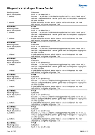 Diagnostics catalogue Truma Combi
Page 42 / 57 04.02.2019
Flashing code: ls llss sssl
Fault description: Fault in the electronics
1. Action: Ensure 12 V voltage under load at appliance input and check for AC
voltage components that can be generated by the power supply unit
or solar system.
2. Action: Replace the electronics, enter heater serial number on the new
electronics using the Diagnose Tool
Fault No.: 0706
Flashing code: ls llss ssls
Fault description: Fault in the electronics
1. Action: Ensure 12 V voltage under load at appliance input and check for AC
voltage components that can be generated by the power supply unit
or solar system.
2. Action: Replace the electronics, enter heater serial number on the new
electronics using the Diagnose Tool
Fault No.: 0707
Flashing code: ls llss ssll
Fault description: Fault in the electronics
1. Action: Ensure 12 V voltage under load at appliance input and check for AC
voltage components that can be generated by the power supply unit
or solar system.
2. Action: Replace the electronics, enter heater serial number on the new
electronics using the Diagnose Tool
Fault No.: 0708
Flashing code: ls llss slss
Fault description: Fault in the electronics
1. Action: Ensure 12 V voltage under load at appliance input and check for AC
voltage components that can be generated by the power supply unit
or solar system.
2. Action: Replace the electronics, enter heater serial number on the new
electronics using the Diagnose Tool
Fault No.: 0709
Flashing code: ls llss slsl
Fault description: Fault in the electronics
1. Action: Ensure 12 V voltage under load at appliance input and check for AC
voltage components that can be generated by the power supply unit
or solar system.
2. Action: Replace the electronics, enter heater serial number on the new
electronics using the Diagnose Tool
Fault No.: 0710
Flashing code: ls llss slls
Fault description: Fault in the electronics
1. Action: Ensure 12 V voltage under load at appliance input and check for AC
voltage components that can be generated by the power supply unit
or solar system.
2. Action: Replace the electronics, enter heater serial number on the new
electronics using the Diagnose Tool
Fault No.: 0711
Flashing code: ls llss slll
Fault description: Fault in the electronics
1. Action: Ensure 12 V voltage under load at appliance input and check for AC
voltage components that can be generated by the power supply unit
or solar system.
2. Action: Replace the electronics, enter heater serial number on the new
electronics using the Diagnose Tool
Fault No.: 0712
Flashing code: ls llss lsss
Fault description: Fault in the electronics
 