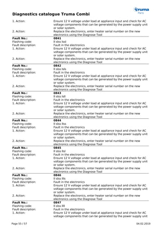Diagnostics catalogue Truma Combi
Page 55 / 57 04.02.2019
1. Action: Ensure 12 V voltage under load at appliance input and check for AC
voltage components that can be generated by the power supply unit
or solar system.
2. Action: Replace the electronics, enter heater serial number on the new
electronics using the Diagnose Tool
Fault No.: 0841
Flashing code: ll slss lssl
Fault description: Fault in the electronics
1. Action: Ensure 12 V voltage under load at appliance input and check for AC
voltage components that can be generated by the power supply unit
or solar system.
2. Action: Replace the electronics, enter heater serial number on the new
electronics using the Diagnose Tool
Fault No.: 0842
Flashing code: ll slss lsls
Fault description: Fault in the electronics
1. Action: Ensure 12 V voltage under load at appliance input and check for AC
voltage components that can be generated by the power supply unit
or solar system.
2. Action: Replace the electronics, enter heater serial number on the new
electronics using the Diagnose Tool
Fault No.: 0843
Flashing code: ll slss lsll
Fault description: Fault in the electronics
1. Action: Ensure 12 V voltage under load at appliance input and check for AC
voltage components that can be generated by the power supply unit
or solar system.
2. Action: Replace the electronics, enter heater serial number on the new
electronics using the Diagnose Tool
Fault No.: 0844
Flashing code: ll slss llss
Fault description: Fault in the electronics
1. Action: Ensure 12 V voltage under load at appliance input and check for AC
voltage components that can be generated by the power supply unit
or solar system.
2. Action: Replace the electronics, enter heater serial number on the new
electronics using the Diagnose Tool
Fault No.: 0845
Flashing code: ll slss llsl
Fault description: Fault in the electronics
1. Action: Ensure 12 V voltage under load at appliance input and check for AC
voltage components that can be generated by the power supply unit
or solar system.
2. Action: Replace the electronics, enter heater serial number on the new
electronics using the Diagnose Tool
Fault No.: 0846
Flashing code: ll slss llls
Fault description: Fault in the electronics
1. Action: Ensure 12 V voltage under load at appliance input and check for AC
voltage components that can be generated by the power supply unit
or solar system.
2. Action: Replace the electronics, enter heater serial number on the new
electronics using the Diagnose Tool
Fault No.: 0847
Flashing code: ll slss llll
Fault description: Fault in the electronics
1. Action: Ensure 12 V voltage under load at appliance input and check for AC
voltage components that can be generated by the power supply unit
 