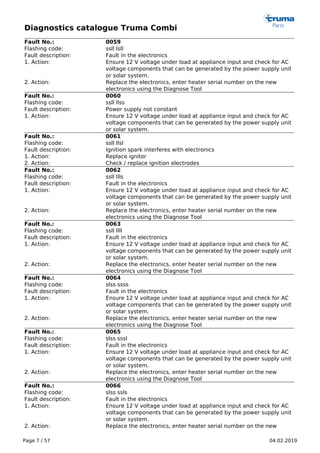 Diagnostics catalogue Truma Combi
Page 7 / 57 04.02.2019
Fault No.: 0059
Flashing code: ssll lsll
Fault description: Fault in the electronics
1. Action: Ensure 12 V voltage under load at appliance input and check for AC
voltage components that can be generated by the power supply unit
or solar system.
2. Action: Replace the electronics, enter heater serial number on the new
electronics using the Diagnose Tool
Fault No.: 0060
Flashing code: ssll llss
Fault description: Power supply not constant
1. Action: Ensure 12 V voltage under load at appliance input and check for AC
voltage components that can be generated by the power supply unit
or solar system.
Fault No.: 0061
Flashing code: ssll llsl
Fault description: Ignition spark interferes with electronics
1. Action: Replace ignitor
2. Action: Check / replace ignition electrodes
Fault No.: 0062
Flashing code: ssll llls
Fault description: Fault in the electronics
1. Action: Ensure 12 V voltage under load at appliance input and check for AC
voltage components that can be generated by the power supply unit
or solar system.
2. Action: Replace the electronics, enter heater serial number on the new
electronics using the Diagnose Tool
Fault No.: 0063
Flashing code: ssll llll
Fault description: Fault in the electronics
1. Action: Ensure 12 V voltage under load at appliance input and check for AC
voltage components that can be generated by the power supply unit
or solar system.
2. Action: Replace the electronics, enter heater serial number on the new
electronics using the Diagnose Tool
Fault No.: 0064
Flashing code: slss ssss
Fault description: Fault in the electronics
1. Action: Ensure 12 V voltage under load at appliance input and check for AC
voltage components that can be generated by the power supply unit
or solar system.
2. Action: Replace the electronics, enter heater serial number on the new
electronics using the Diagnose Tool
Fault No.: 0065
Flashing code: slss sssl
Fault description: Fault in the electronics
1. Action: Ensure 12 V voltage under load at appliance input and check for AC
voltage components that can be generated by the power supply unit
or solar system.
2. Action: Replace the electronics, enter heater serial number on the new
electronics using the Diagnose Tool
Fault No.: 0066
Flashing code: slss ssls
Fault description: Fault in the electronics
1. Action: Ensure 12 V voltage under load at appliance input and check for AC
voltage components that can be generated by the power supply unit
or solar system.
2. Action: Replace the electronics, enter heater serial number on the new
 
