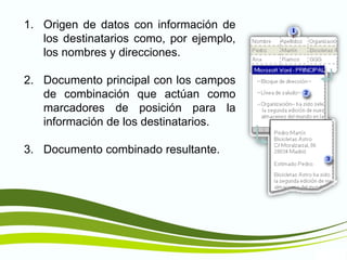 TIC1
1. Origen de datos con información de
los destinatarios como, por ejemplo,
los nombres y direcciones.
2. Documento principal con los campos
de combinación que actúan como
marcadores de posición para la
información de los destinatarios.
3. Documento combinado resultante.
 