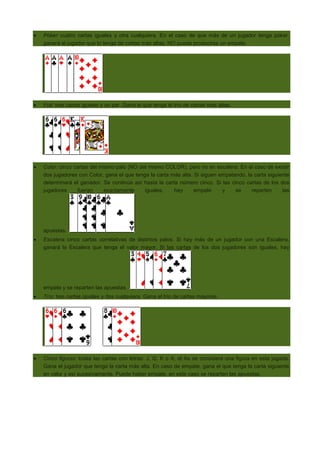 Póker: cuatro cartas iguales y otra cualquiera. En el caso de que más de un jugador tenga póker,
ganará el jugador que lo tenga de cartas más altas. NO puede producirse un empate.

Full: tres cartas iguales y un par. Gana el que tenga el trío de cartas más altas.

Color: cinco cartas del mismo palo (NO del mismo COLOR), pero no en escalera. En el caso de existir
dos jugadores con Color, gana el que tenga la carta más alta. Si siguen empatando, la carta siguiente
determinará el ganador. Se continúa así hasta la carta número cinco. Si las cinco cartas de los dos
jugadores
fueran
exactamente
iguales,
hay
empate
y
se
reparten
las

apuestas.
Escalera: cinco cartas correlativas de distintos palos. Si hay más de un jugador con una Escalera,
ganará la Escalera que tenga el valor mayor. Si las cartas de los dos jugadores son iguales, hay

empate y se reparten las apuestas.
Trío: tres cartas iguales y dos cualquiera. Gana el trío de cartas mayores.

Cinco figuras: todas las cartas con letras: J, Q, K o A, el As se considera una figura en esta jugada.
Gana el jugador que tenga la carta más alta. En caso de empate, gana el que tenga la carta siguiente
en valor y así sucesivamente. Puede haber empate, en este caso se reparten las apuestas.

 