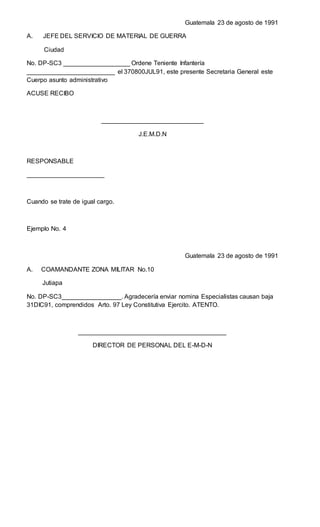 Guatemala 23 de agosto de 1991
A. JEFE DEL SERVICIO DE MATERIAL DE GUERRA
Ciudad
No. DP-SC3 ___________________ Ordene Teniente Infantería
_________________________ el 370800JUL91, este presente Secretaria General este
Cuerpo asunto administrativo
ACUSE RECIBO
_____________________________
J.E.M.D.N
RESPONSABLE
______________________
Cuando se trate de igual cargo.
Ejemplo No. 4
Guatemala 23 de agosto de 1991
A. COAMANDANTE ZONA MILITAR No.10
Jutiapa
No. DP-SC3_________________. Agradecería enviar nomina Especialistas causan baja
31DIC91, comprendidos Arto. 97 Ley Constitutiva Ejercito. ATENTO.
__________________________________________
DIRECTOR DE PERSONAL DEL E-M-D-N
 