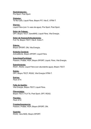 Deshidratación:
Pre Sport, Post Sport.
Diabetes:
Té No Carb, Liquid Fibra, Biopro FIT, Vita E. XTRA T.
Diarrea:
Liquid Fibra (con ½ vaso de agua), Pre Sport, Post Sport.
Dolor de Cabeza:
OFF, Biopro TECT, GanoMAS, Liquid Fibra, Vita Energía.
Dolor de Huesos/Articulaciones:
FLX Té, Biopro TECT, Vita E. Extra T.
Edema:
Biopro SPORT, ON, Vita Energía.
Embolia Cerebral:
ActivaMente, Biopro SPORT, Liquid Fibra.
Esterilidad/Fertilidad:
Passion, ProBal, HGH, Biopro SPORT, Liquid, Fibra, Vita Energía.
Estreñimiento:
RGX1, RGX2, Liquid Fibra (con abundante agua), Biopro TECT.
Estrés:
OFF, Biopro TECT, RGX2, Vita Energía XTRA T.
Estrías:
Pack 5/14.
Falta de Apetito:
Vita Energía, Biopro TECT, Liquid Fibra.
Fibromialgia:
Biopro TECT, FLX Té, Post Sport, OFF, RGX2.
Flacidez:
Pack 5/14.
Frigidez/Impotencia:
Passion, ProBal, HGH, Biopro SPORT, ON.
Gastritis
RGX2, Vera MAS, Biopro SPORT.
 