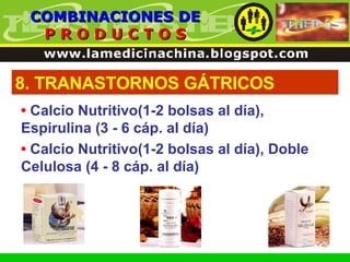 8. TRANASTORNOS GÁTRICOS COMBINACIONES DE P R O D U C T O S •   Calcio Nutritivo(1-2 bolsas al día), Espirulina (3 - 6 cáp. al día) •   Calcio Nutritivo(1-2 bolsas al día), Doble Celulosa (4 - 8 cáp. al día) 
