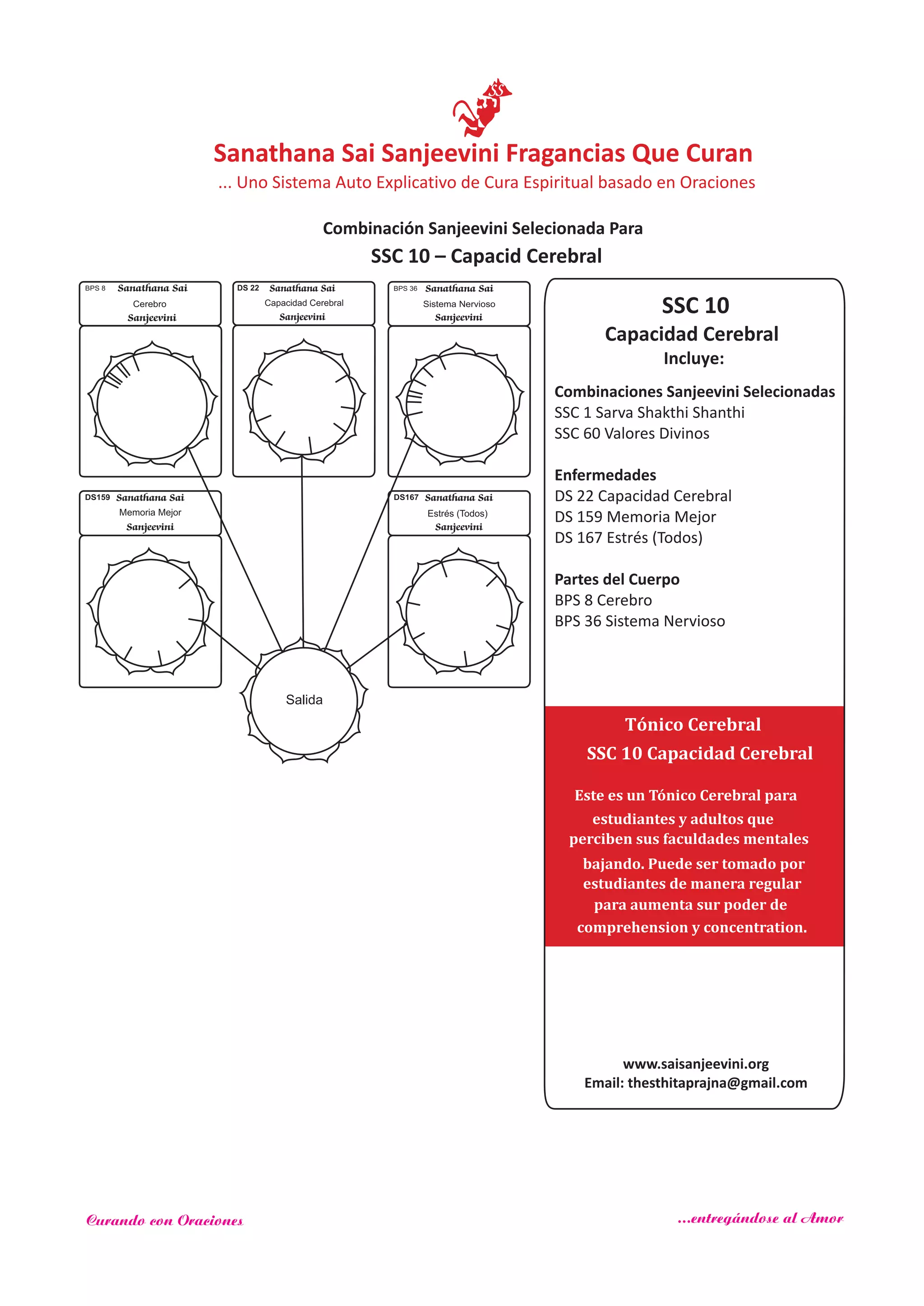 SSC 10
Capacidad Cerebral
Incluye:
Combinaciones Sanjeevini Selecionadas
SSC 1 Sarva Shakthi Shanthi
SSC 60
Enfermedades
Partes del Cuerpo
Valores Divinos
DS 22 Capacidad Cerebral
DS 159 Memoria Mejor
DS 167 Estrés (Todos)
BPS 8 Cerebro
BPS 36 Sistema Nervioso
Salida
Sanathana Sai
Sanjeevini
BPS 8
Cerebro
Sanathana Sai
Sanjeevini
DS 22
Capacidad Cerebral
Sanathana Sai
Sanjeevini
BPS 36
Sistema Nervioso
SSC 10 – Capacid Cerebral
www.saisanjeevini.org
Email: thesthitaprajna@gmail.com
DS167 Sanathana Sai
Sanjeevini
Estrés (Todos)
Sanathana Sai
Sanjeevini
DS159
Memoria Mejor
Tónico Cerebral
SSC 10 Capacidad Cerebral
Este es un Tónico Cerebral para
estudiantes y adultos que
perciben sus faculdades mentales
bajando. Puede ser tomado por
estudiantes de manera regular
para aumenta su poder der
comprehension y concentration.
Sanathana Sai Sanjeevini Fragancias Que Curan
Combinación Sanjeevini Selecionada Para
... Uno Sistema Auto Explicativo de Cura Espiritual basado en Oraciones
Curando con Oraciones ...entregándose al Amor
 