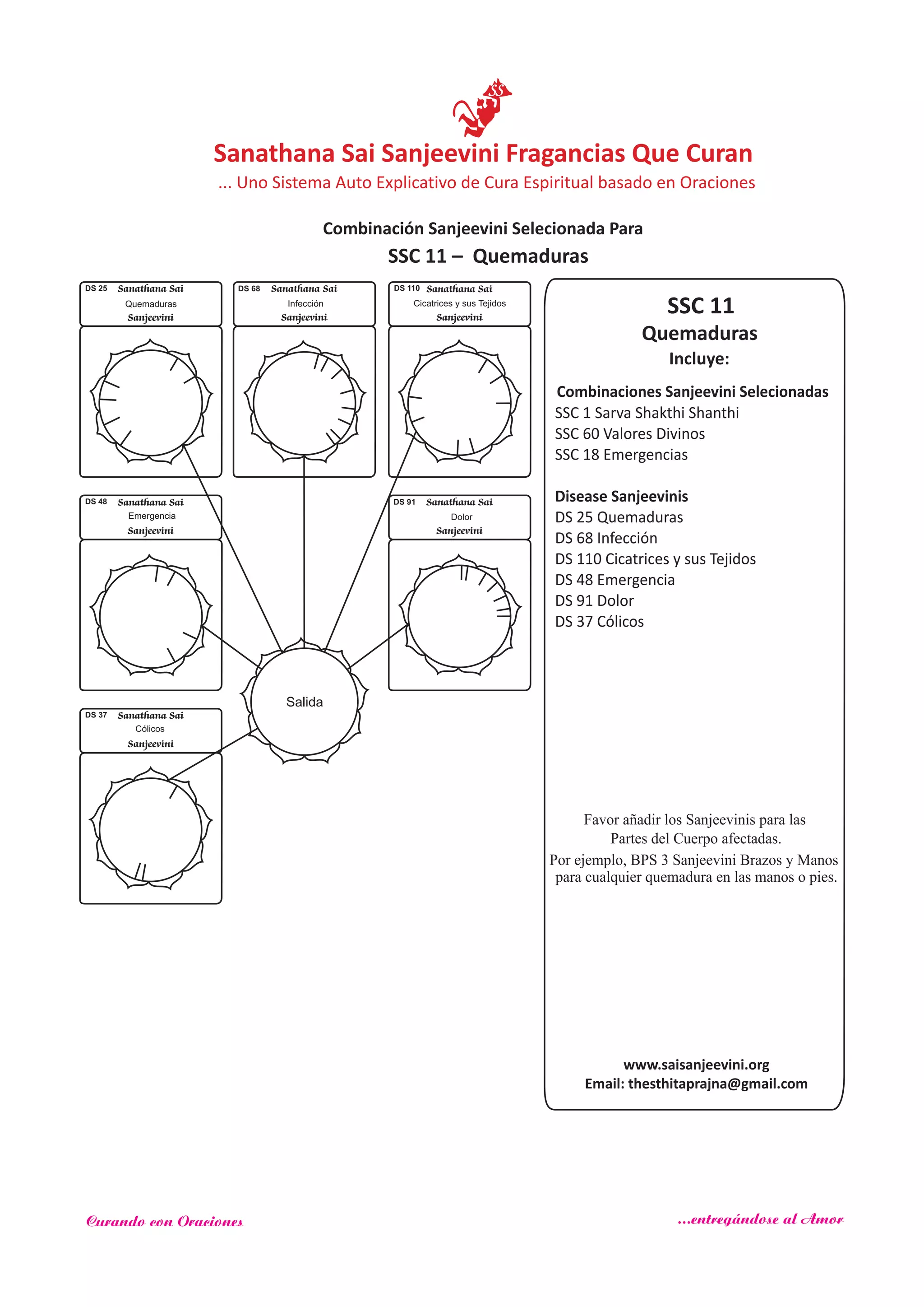 SSC 11
Quemaduras
Incluye:
Combinaciones Sanjeevini Selecionadas
SSC 1 Sarva Shakthi Shanthi
SSC 60
SSC 18
Disease Sanjeevinis
Valores Divinos
Emergencias
DS 25 Quemaduras
DS 68 Infección
DS 110 Cicatrices y sus Tejidos
DS 48 Emergencia
DS 91 Dolor
DS 37 Cólicos
Favor añadir los Sanjeevinis para las
Partes del Cuerpo afectadas.
Por ejemplo, BPS 3 Sanjeevini Brazos y Manos
para cualquier quemadura en las manos o pies.
Salida
Sanathana Sai
Sanjeevini
DS 25
Quemaduras
DS 68 Sanathana Sai
Sanjeevini
Infección
DS 110 Sanathana Sai
Sanjeevini
Cicatrices y sus Tejidos
DS 48 Sanathana Sai
Sanjeevini
Emergencia
DS 91 Sanathana Sai
Sanjeevini
Dolor
DS 37 Sanathana Sai
Sanjeevini
Cólicos
SSC 11 – Quemaduras
www.saisanjeevini.org
Email: thesthitaprajna@gmail.com
Sanathana Sai Sanjeevini Fragancias Que Curan
Combinación Sanjeevini Selecionada Para
... Uno Sistema Auto Explicativo de Cura Espiritual basado en Oraciones
Curando con Oraciones ...entregándose al Amor
 